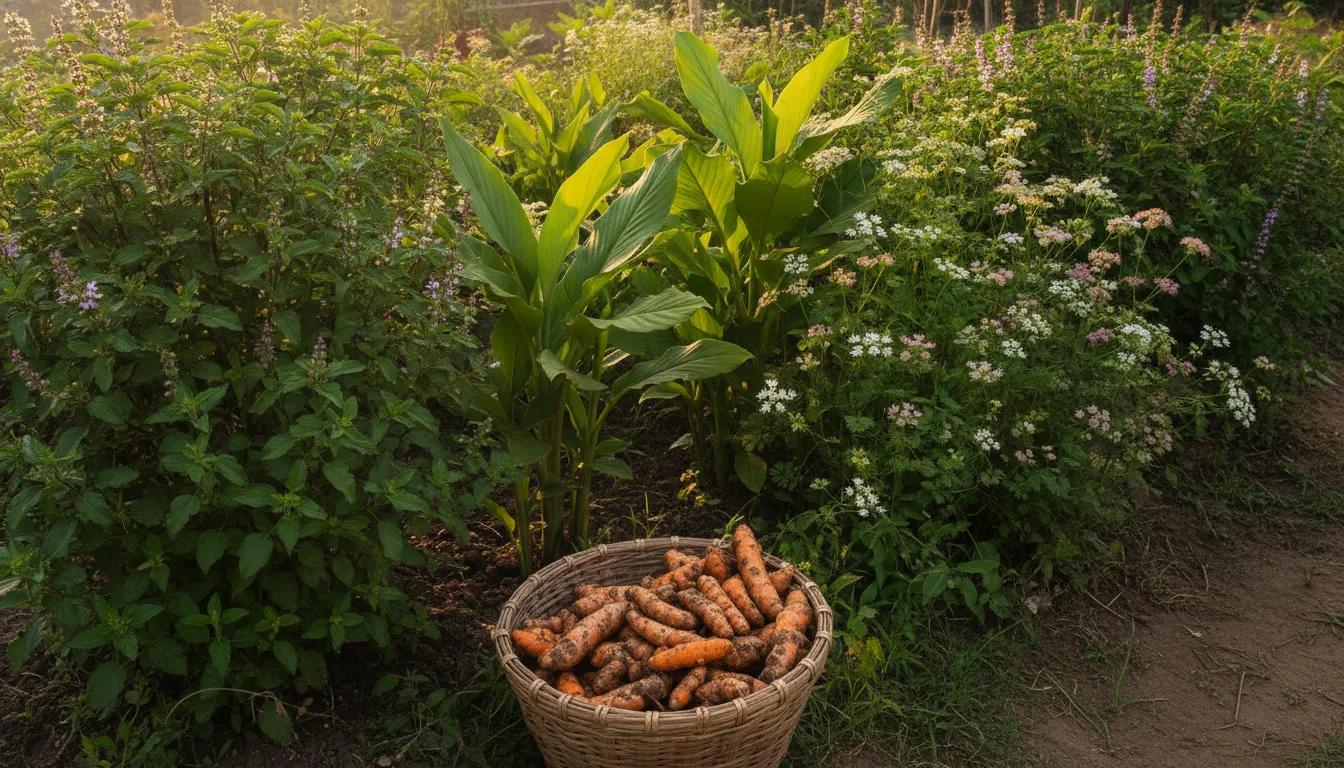 Herb garden of tulsi, ginger and turmeric with a basket of fresh turmeric root
