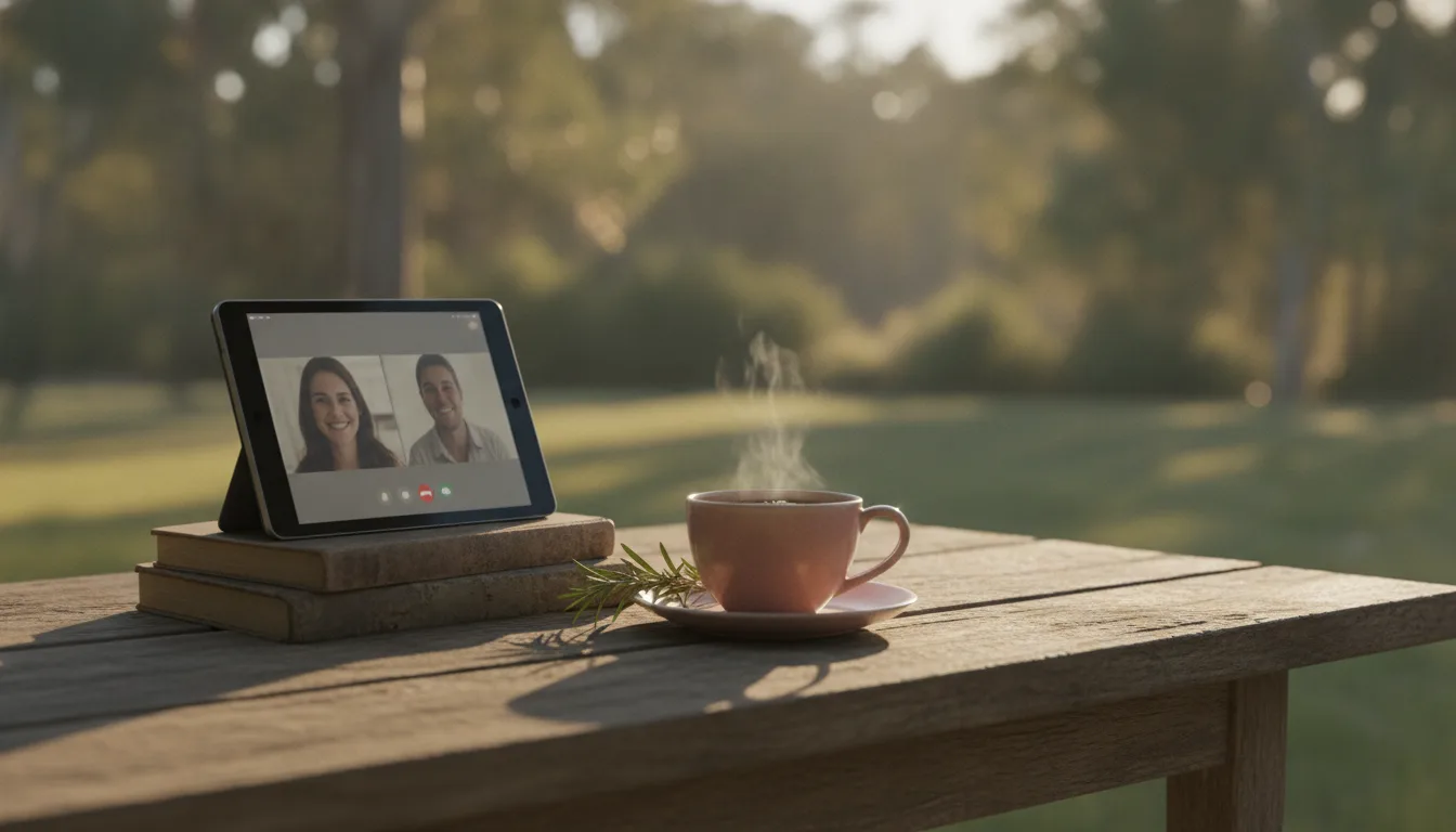 Tablet and tea cup on a timber verandah table with a blurred bush garden behind