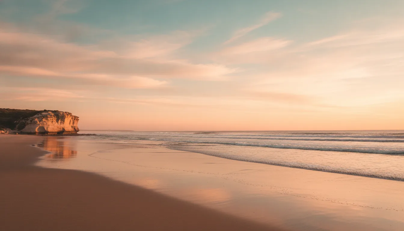 Calm Western Australian beach at sunset with gentle waves and warm sky