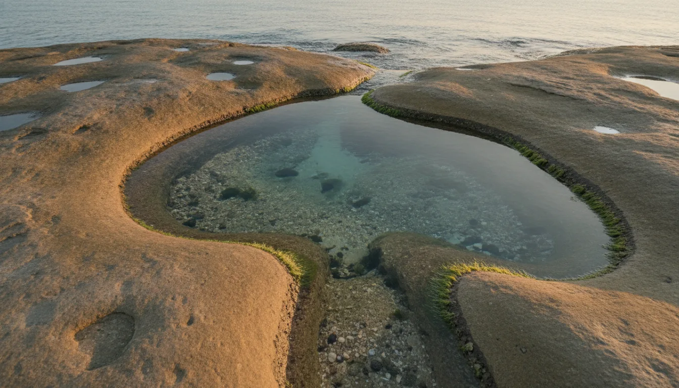 Clear rock pool on a sandstone shore with calm sea beyond at low tide
