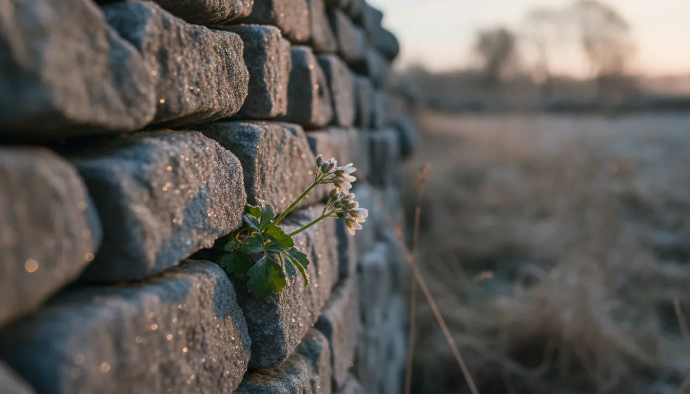 Frost melting on an old stone wall with a small green shoot growing through the stones