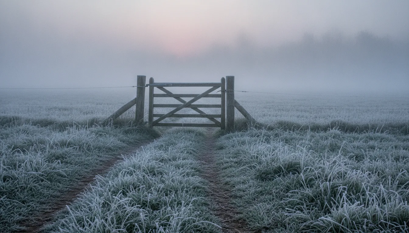 Weathered wooden gate ajar in a frosty foggy paddock at dawn