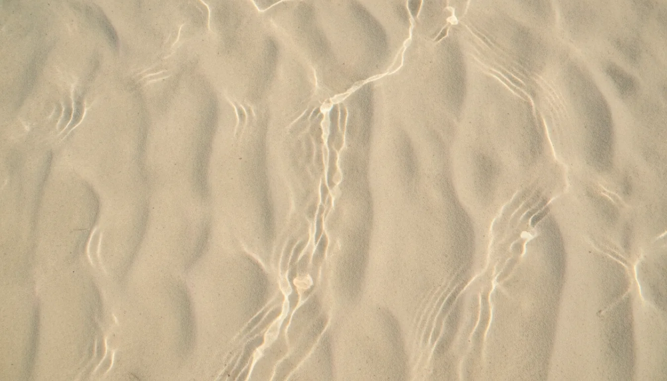 Rippling light patterns on shallow sandy water in soft rose and teal tones